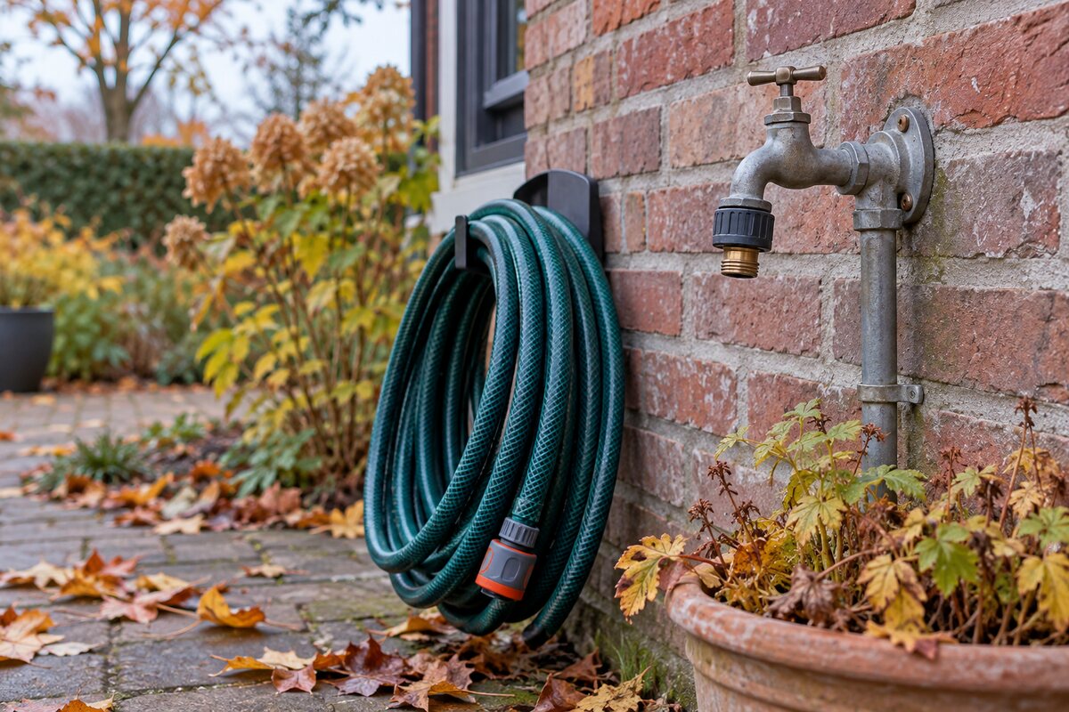 Buitenkraan en opgerolde tuinslang in een herfsttuin