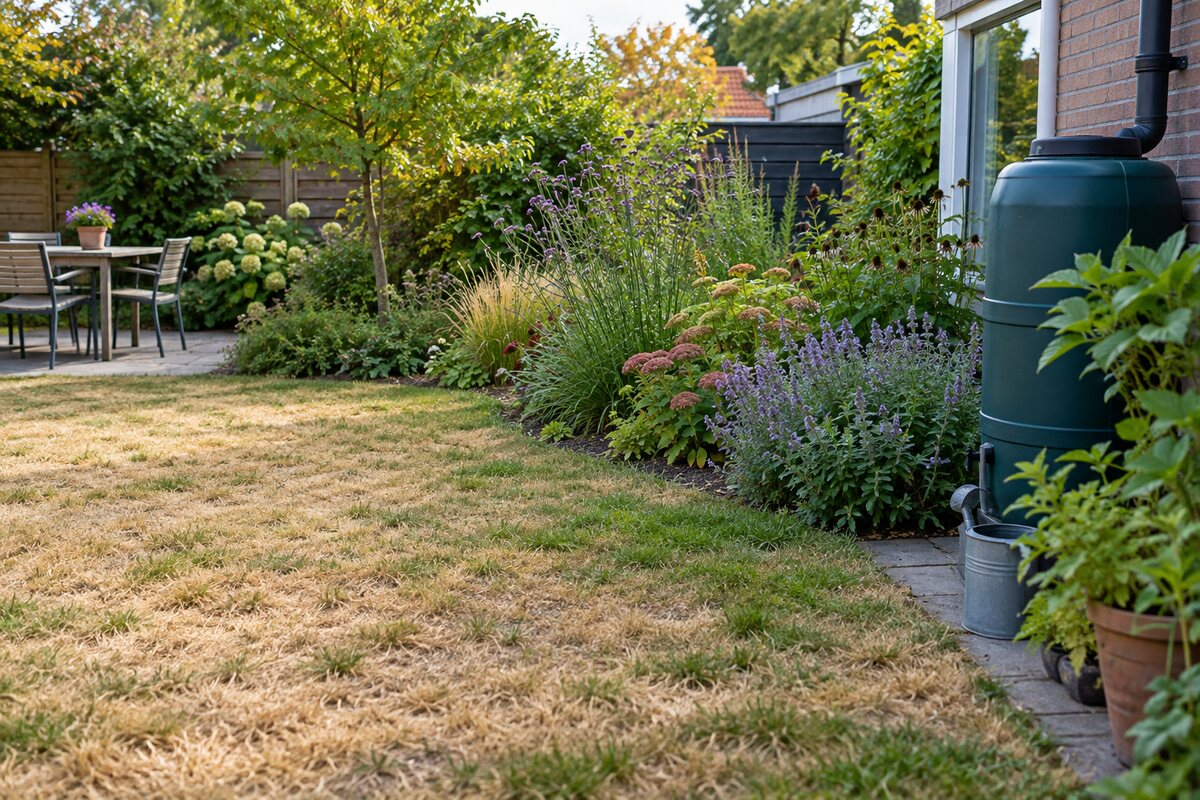 Tuin met een droge grasplek, groene borders en een regenton