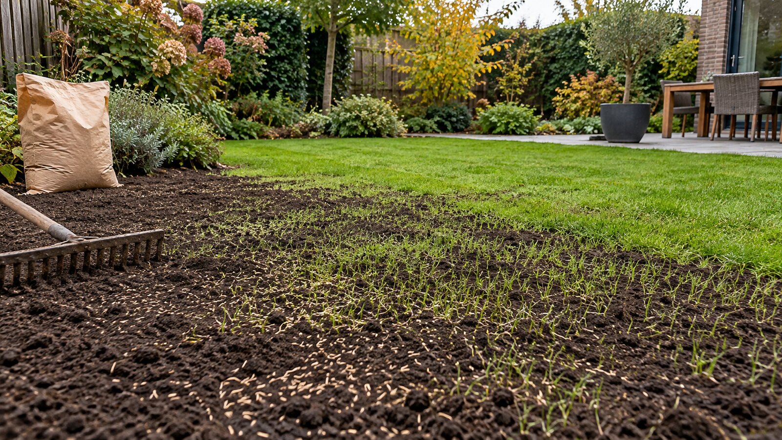 Voorbereide tuingrond met ingezaaid en opkomend gras
