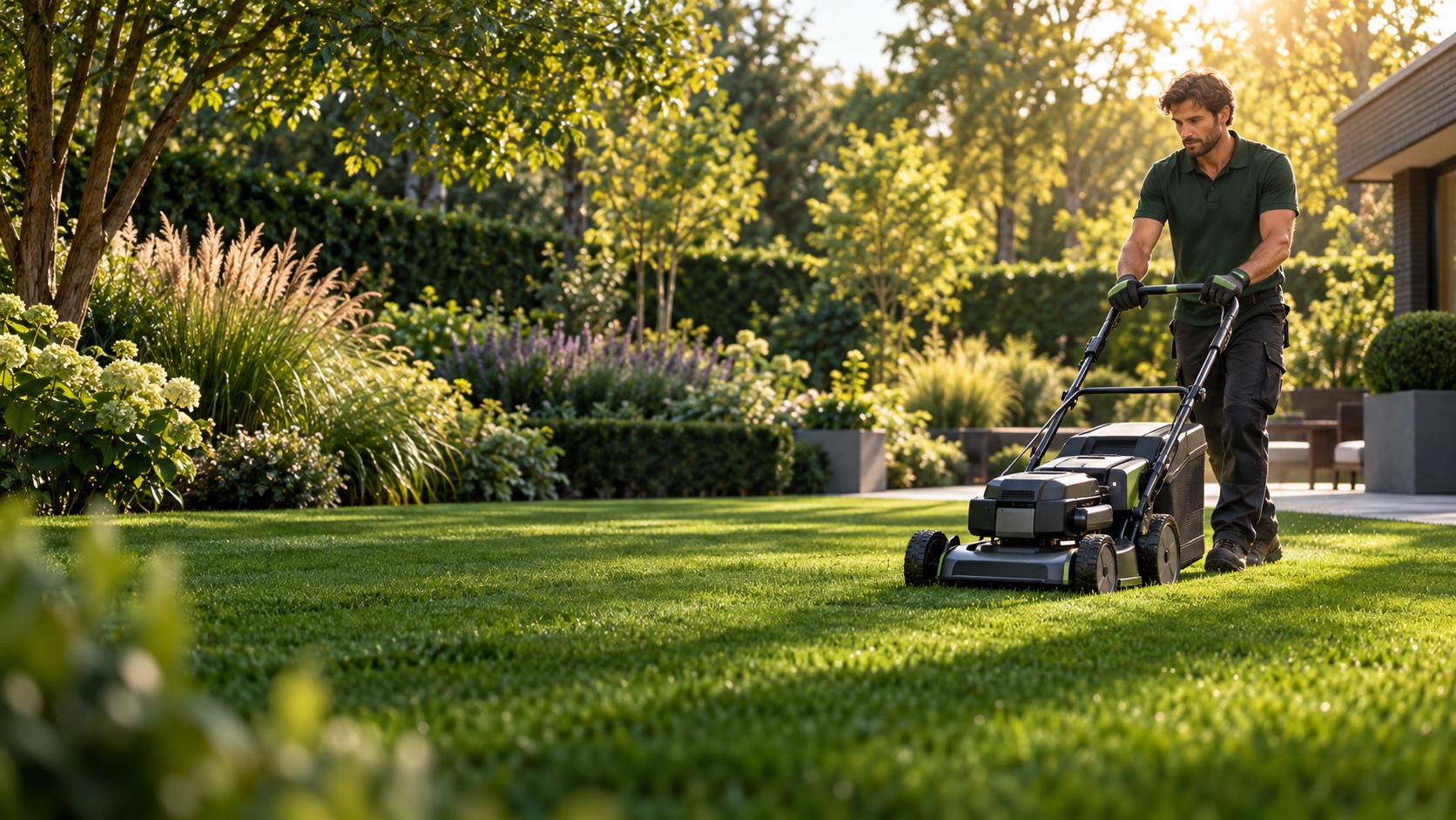 Groene tuin met terras en erfafscheiding