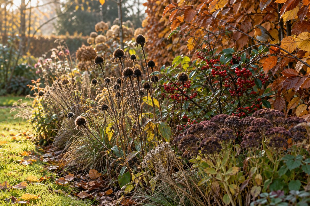 Herfstborder met zaadhoofden, bessen en een roodborstje